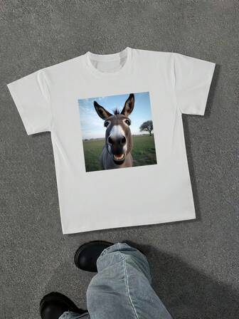 Manfinity Roghcode Erkekler için Komik Eşek Baskılı Yuvarlak Yaka Kısa Kollu Tişört, Tatil, Yemek, Buluşma İçin Rahat, Basit ve Çok Yönlü, Kendiniz Giymek veya Arkadaşlarınıza Hediye Etmek İçin Uygun