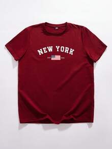 StoneGrade Men's Letter & American Flag Graphic Casual Crew Neck Short Sleeve T-Shirt, Versatile For Summer - Burgundy - View 5