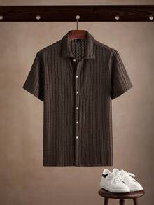 Core Aspect Men Solid Color Single-Breasted Casual Short Sleeve Shirt (Random Print) - Brown - View 1