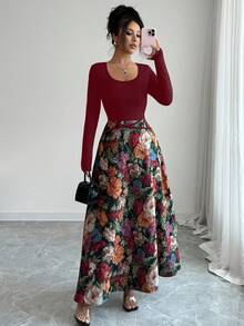 Elenzga 标准尺码女士优雅印花方领长袖连衣裙 - 紅色 - 查看 4