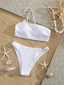 Swim Chiccia 女士沙滩音乐节闪亮白色金属配饰链条单肩性感时尚优雅女士比基尼两件套 - 白色 - 查看 2