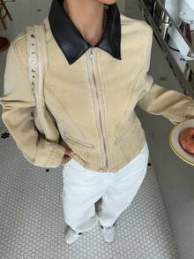 Muchica 女士撞色领长袖拉链休闲牛仔外套 - 卡其色 - 查看 1