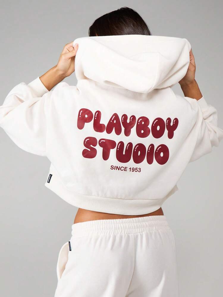 Missguided x Playboy Oversized Cropped Full Zip Hoodie With Drawstring Hood And Front Chest Logo Print For Casual Everyday Comfort
