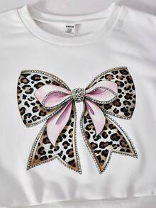 Glimette Girls 2-Piece Set:White Ribbed Crew Neck Knit Pullover Sweatshirt With Leopard Print Bow Decor+Floral Skirt,Cute Autumn School Back-To-School - Pink - View 4