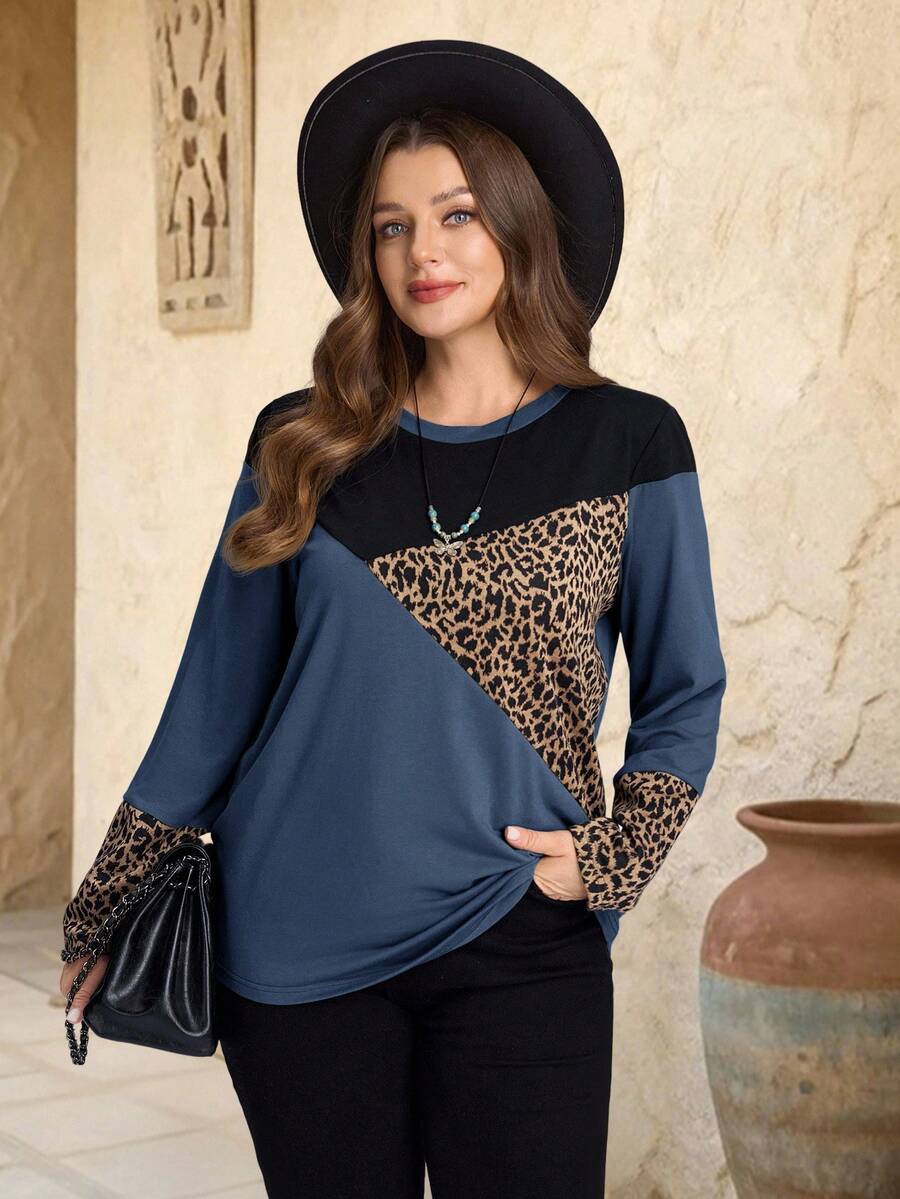 EMERY ROSE Áo thun dài tay nữ cỡ lớn phối màu họa tiết da báo, kiểu dáng thường ngày, màu xanh dương, thích hợp mặc mùa thu. - Màu xanh lam - Xem 1