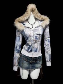 SHEIN ICON Vintage Print Faux Fur Collar Patchwork Hooded Zip-Up Jacket,Fall,Fall Clothes For Women,Women's Winter Clothes - Grey - View 4