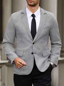 Manfinity Bizformal Men's Casual Suit Set,Black And Beige Textured Fabric Blazer & Pants,Summer Business Casual Office Outfit,Old Money Style Long Sleeve Elegant Set - Black and White - View 5