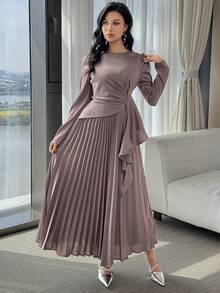 Modelyn Women's Solid Color Round Neck Regular Shoulder Long Sleeve Dress - Pink - View 6