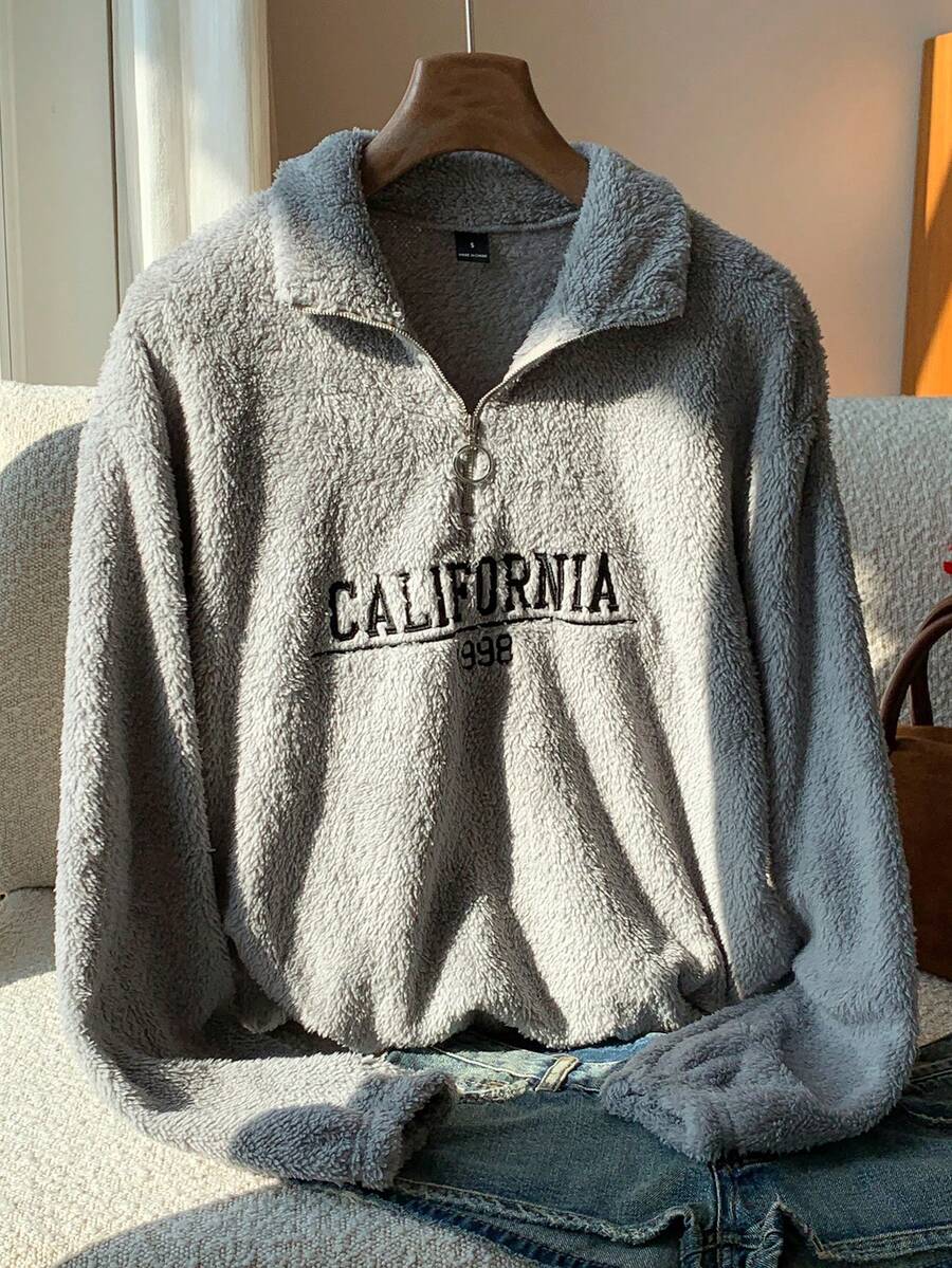 SHEIN EZwear 刺绣半拉链立领毛茸茸卫衣，带文字细节，秋冬长袖上衣