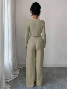 Modelyn Conjunto de 2 piezas de suéter de manga larga y pantalones de unicolor elegante para mujer - Camel - Ver 2