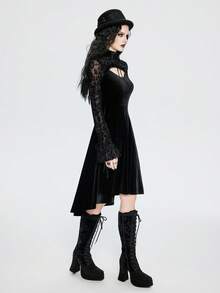 Breakform 女士哥特式优雅蕾丝边饰植绒领口门襟系带长袖抽绳褶皱袖口植绒拼接连衣裙 - 黑色 - 查看 1