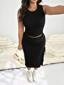 SHEIN EZwear 大尺碼夏季休閒純色背心與側開衩裙 2 件套 女款 - 黑色 - 查看 3