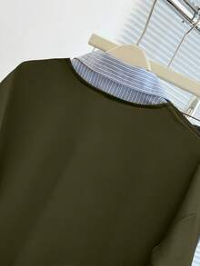 Franclia Sweatshirt Wanita Kasual Bergaris dengan Motif Patchwork dan Bahu Longgar, Musim Gugur - Hijau Tentara - View 8
