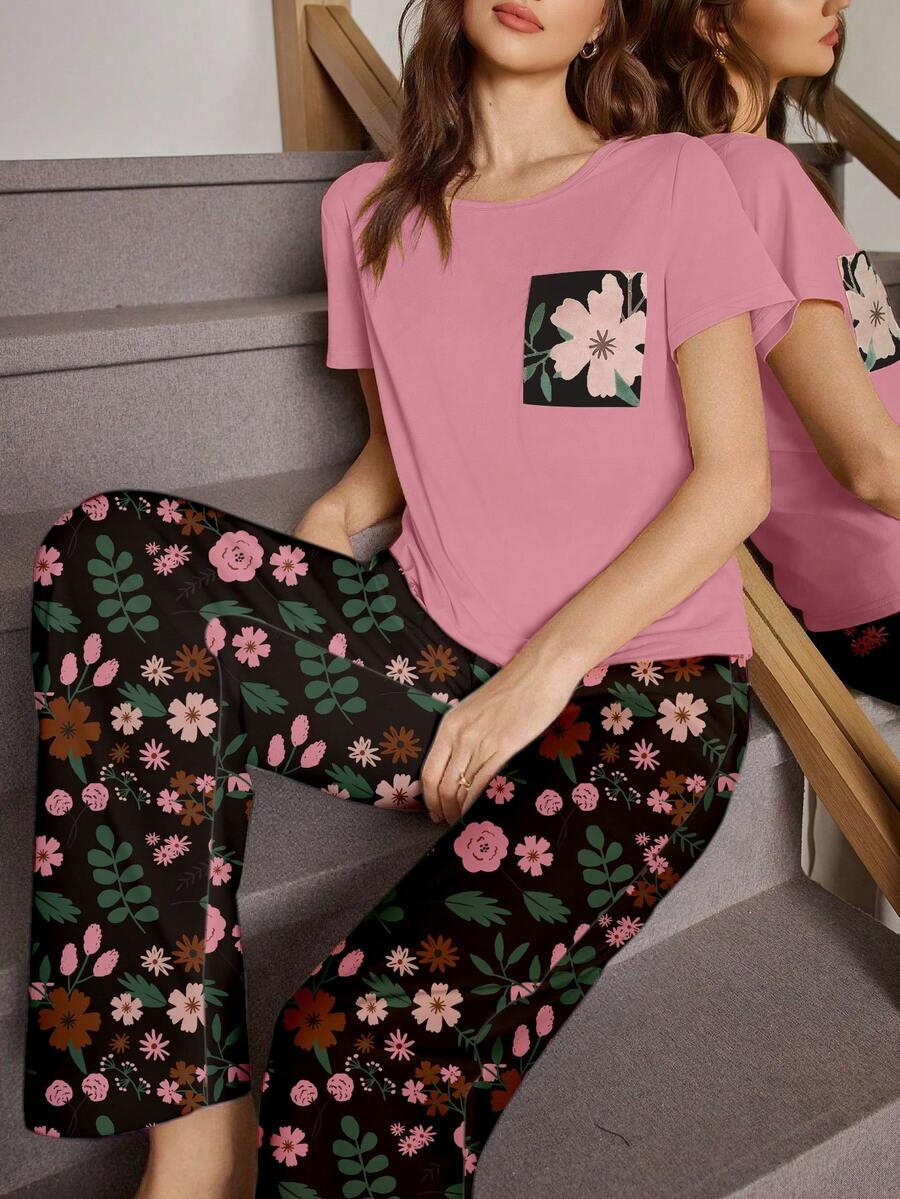 SHEIN Bộ đồ ngủ nữ cổ tròn tay ngắn in hoa, đồ mặc nhà nữ, bộ đồ ngủ mùa hè cho nữ. - Hồng - Xem 1
