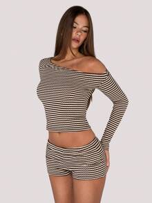 SHEIN ICON Women's Sexy Striped Textured Super Short Shorts, Suitable For Vacation In Autumn