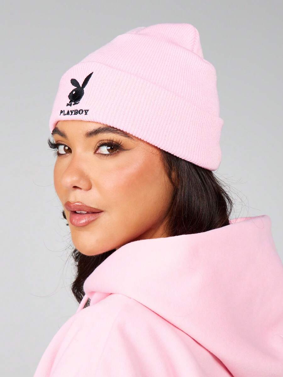 Missguided x Playboy Chunky Knit Beanie Hat With Logo Embroidery Winter Cuffed Skull Cap Cold Weather Headwear