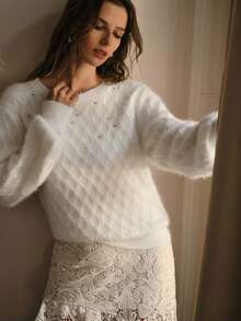 MOTF PREMIUM RHOMBUS KNIT RHINESTONE SWEATER, AUTUMN/WINTER - White - View 5