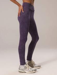 Musera Sport Sport Crossover Waistband Scrunch Bum Acid Wash Leggings Co-Ord Bottom Only Winter Active Sport Gym Workout Lounge Padel Fitness - Purple - View 3