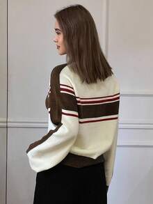 DAZY Suéter holgado y casual de mujer con media cremallera, bloques de color y rayas, para otoño/invierno - Marrón - Ver 2