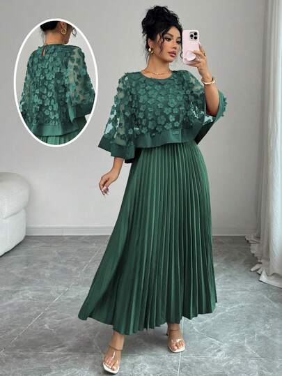 Elenzga Vestido con decoración floral elegante y bajo plisado, adecuado para bodas, fiestas de cumpleaños y otras ocasiones, otoño