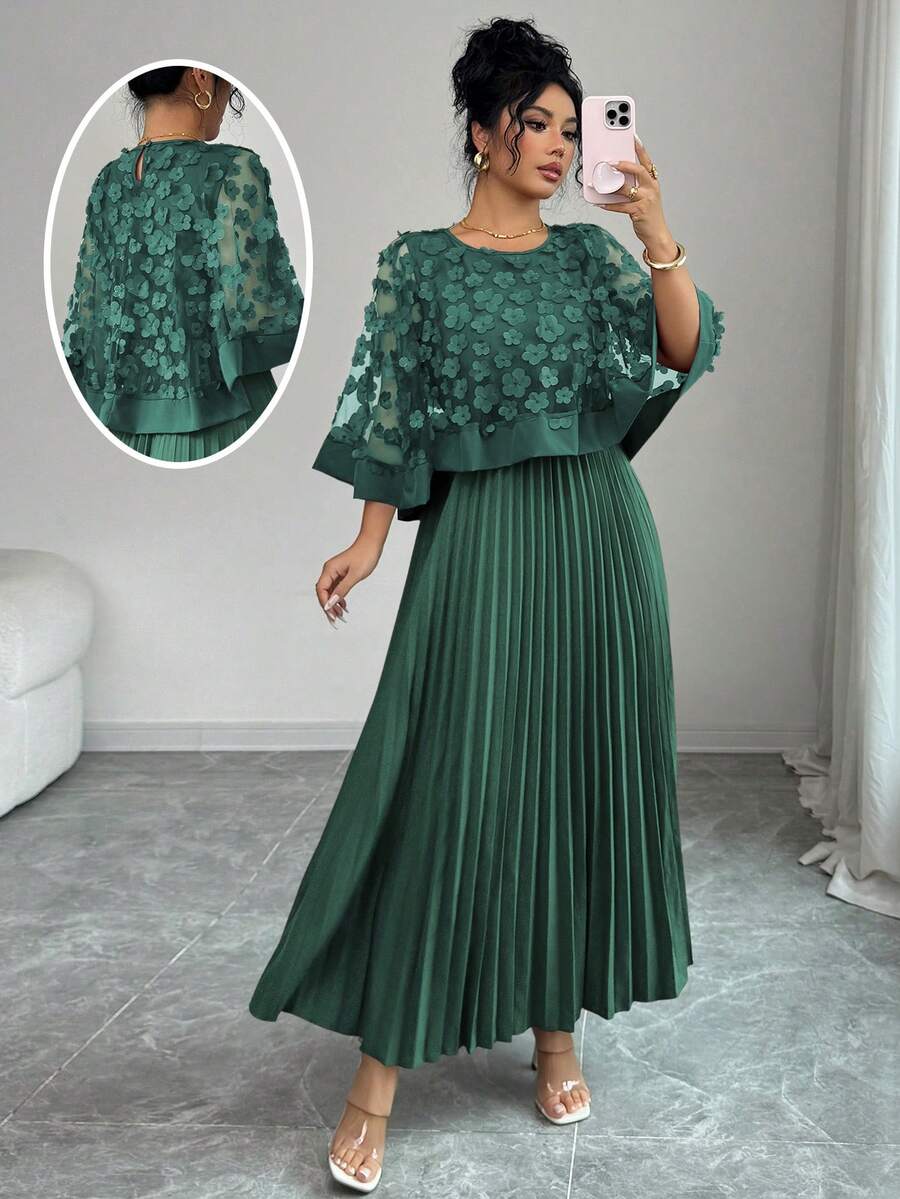 Elenzga Váy xếp ly họa tiết hoa thanh lịch dành cho nữ, thích hợp cho đám cưới, tiệc sinh nhật và các dịp khác, mùa thu - Màu xanh lá cây đậm - Xem 1