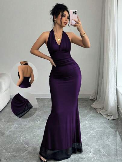 Rafferiza Elegante vestido largo de punto con malla, cuello en V, cintura fruncida y bajo de cola de pez con forro fucsia para mujer, otoño/invierno