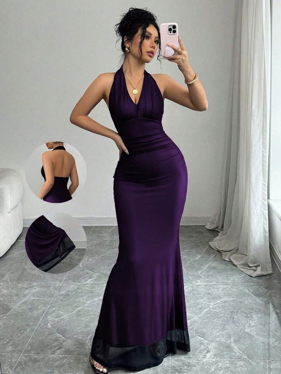 Rafferiza Đầm dài phối lưới xếp ly cổ chữ V viền đuôi cá thanh lịch có lót màu hồng cánh sen dành cho nữ, mùa thu/đông - Màu tím - Xem 1