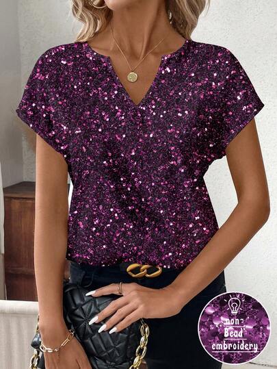 Shutterstock Glamance Women's Sequin Print V-Neck Batwing Short Sleeve Fashionable Blouse V Neck Blouses For Women Purple Glitter Top Women V Neck Tops Casual Tops Women Summer Glitter Top Women