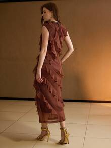 MOTF PREMIUM LACE COLLAR ASYMMETRIC RUFFLE HEM DRESS