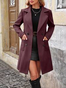 EMERY ROSE Áo khoác len pha trộn màu trơn dài vừa phải dành cho nữ, ve áo khoét, cài hai hàng khuy, chống gió cho mùa đông - Màu Lilac Tím - Xem 3