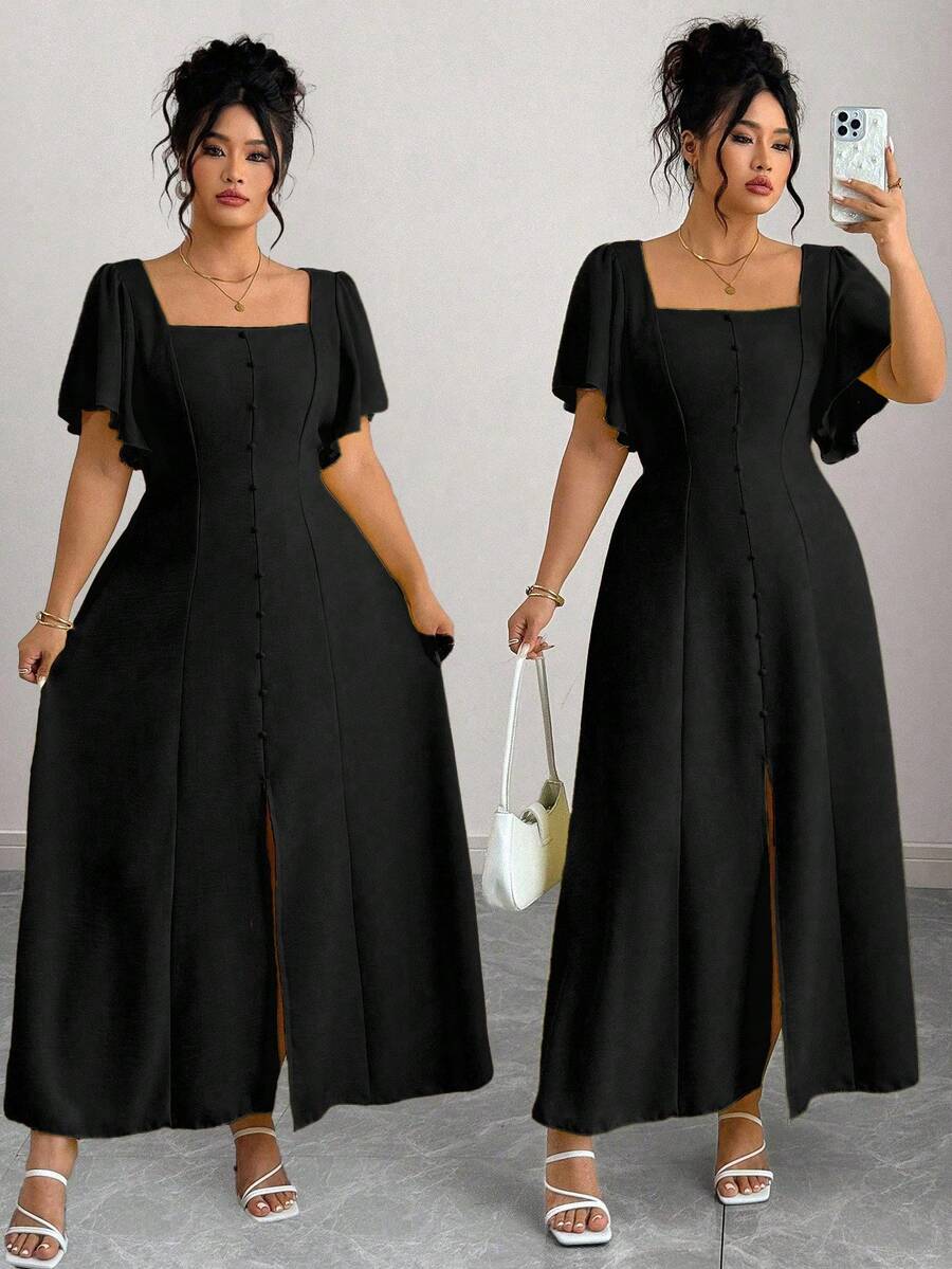 Elenzga Đầm ôm eo cổ vuông viền bèo nhún màu trơn cỡ lớn dành cho nữ - màu đen - Xem 1