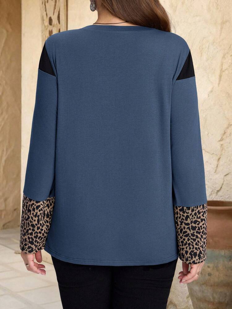 Plus Size Casual Colorblock Leopard Print T-Shirt, Autumn Women Long Sleeve Tops Casual Blue Long Sleeve Top Casual Blouses For Women