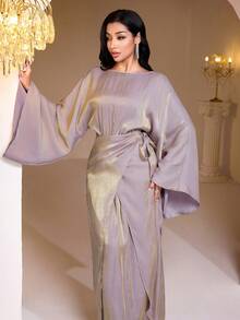 Veilorie Women's Elegant Loose Fit Round Neck Long Sleeve Dress Dress Modest Long Dress With Sleeves - Khaki - View 6