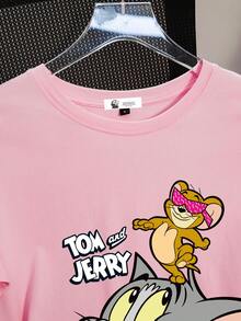 TOM & JERRY X SHEIN 女士休闲可爱卡通汤姆和杰瑞印花短袖 T 恤，夏季