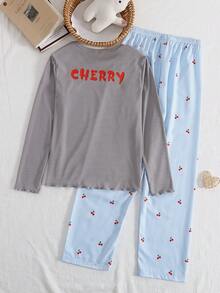 女童蓝灰色樱桃印花长袖上衣和罗纹休闲裤家居服套装 - 彩色 - 查看 2