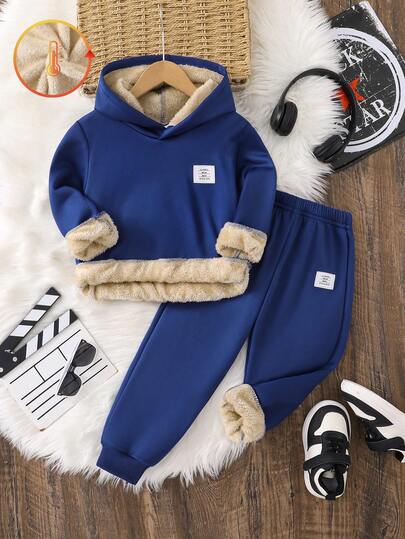 Genkimix Kids Set de 2 piezas de ropa casual para niño pequeño, traje de felpa cálido que incluye sudadera con capucha de manga larga cómoda y pantalones de chándal con cintura elástica, adecuado para otoño e invierno, ideal para uso diario, al aire deportivo, conjunto para niños pequeños