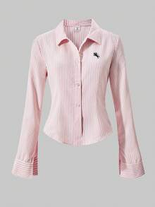 SHEIN Tween Girls' Printed Fitted Button-Down Long Sleeve Casual Shirt, Fall Tops - Pink - View 3