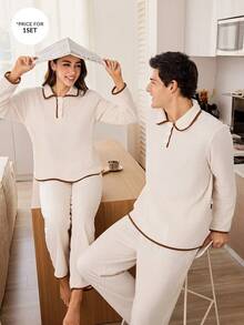 CoupledUp 男士舒适休闲翻领三粒扣长袖睡衣套装，秋冬款 - 米色 - 查看 3