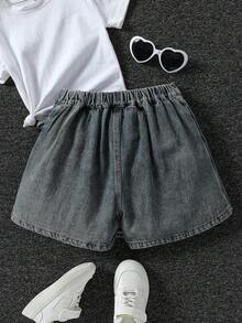 SHEIN ChillGRL 少女休闲复古水洗蓝短裙，侧边蝴蝶结系带，褶裥设计，舒适腰带，百搭牛仔短裙，新品上市 - 中等水洗藍 - 查看 2