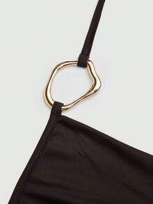 Sweetra Plus Size Women Solid Color Pleated Halter Metal Clasp Backless Camisole - Brown - View 3