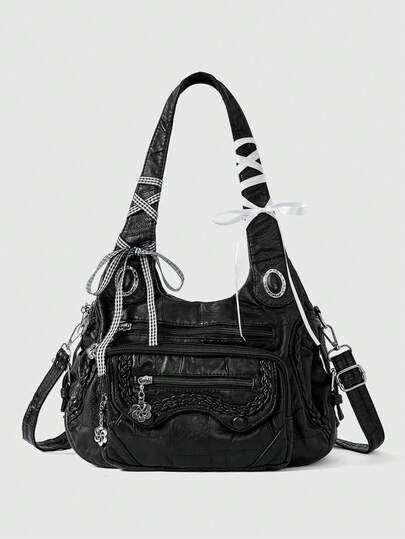 Grunge Punk Fashionable Solid Color PU Leather Bucket Shoulder Bag For Commuting