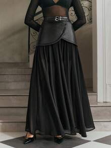 Anewsta Falda larga casual de mujer de estilo moderno y elegante, de cintura alta, con doble cinturón y parches de gasa negra - Negro - Ver 4