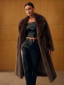 MOTF PREMIUM WOMEN'S LAPEL COLLAR LONG FAUX FUR COAT, AUTUMN/WINTER - Coffee Brown - View 6