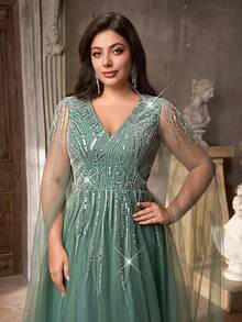 Aureia Plus Size Elegant Romantic Dark Green Deep V Luxurious Embroidered Lace Contrast Mesh Multi-Layer Maxi Dress, Long Sleeve, A-Line, Formal Evening Gown Teal