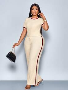 SOLERSUN Bộ đồ mùa hè thường ngày cho nữ, áo cổ tròn nhiều màu tương phản và quần dài, trang phục thường ngày mùa thu dành cho nữ, trang phục thường ngày cho nữ - Màu be - Xem 3