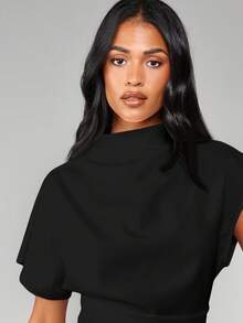 MISSGUIDED Women's Short Sleeve Mock Neck Fitted Top With Dolman Sleeves And Cinched Waist For Spring Summer Everyday Casual Wear - Black - View 4