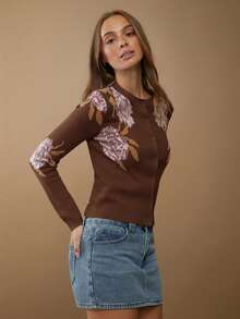 WESTFADE 圆领纽扣前开襟乡村西部风花卉嵌花长袖开衫毛衣，休闲可爱波西米亚风，适合秋季、冬季、乡村音乐会、西部风格场合，女士 - 巧克力棕 - 查看 4