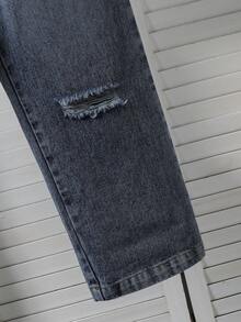 SHEIN Mirajuku 2 Stücke/Set Lässiger, stilvoller Tween Jungen Schwarz & Weiß gestreiftes Langarm T-Shirt mit Tasche und zerrissene Jeans mit elastischem Bund, weite Passform, bequem für den täglichen Gebrauch, Ausflüge, Partys, Reisen, Fotoshootings - Schwarz - Übersicht 6