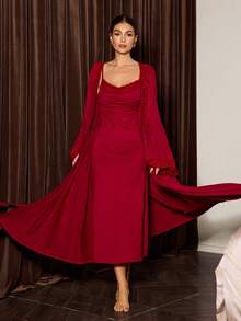 Slumberist Conjunto de pijama con camisola de encaje con contraste de escote pronunciado y bata de manga larga con lazo lateral, ropa de invierno - Burdeos - Ver 3