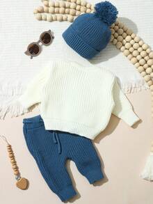 SHEIN 3Pcs Set Baby Hospital Arrival Announcement Outfit 1-3 Month Baby Knitted Tops And Pants With Hat Newborn Photo Shoot Props Neutral Baby Coming Home Outfit - Multicolor - View 2